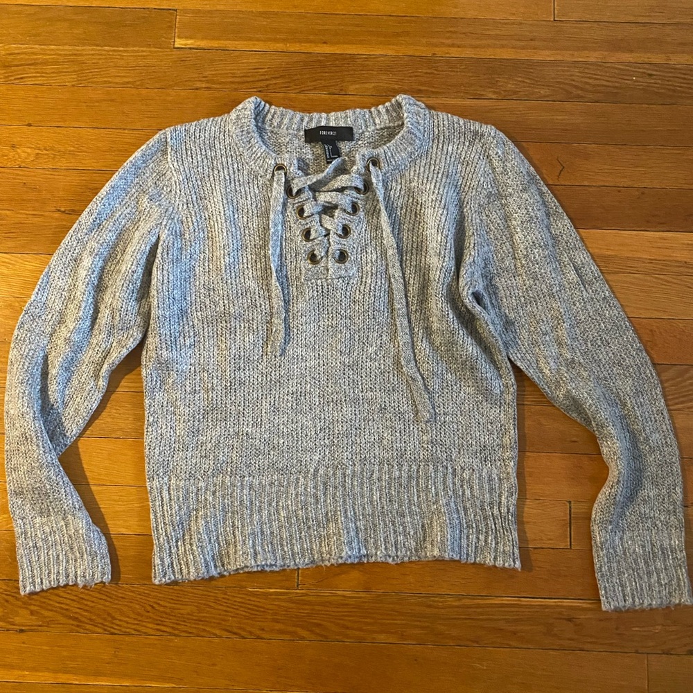 Grey lace up sweater Forever 21 L Gray